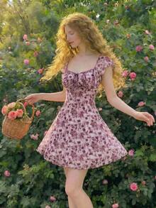 Vestido sin mangas con cuello redondo, fruncido en el pecho y estampado floral vintage para mujer, ideal para el verano - Púrpura polvoriento - Ver 1