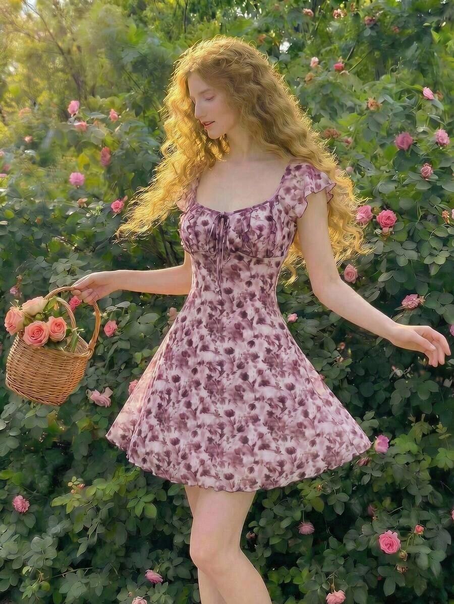 Vestido sin mangas con cuello redondo, fruncido en el pecho y estampado floral vintage para mujer, ideal para el verano - Púrpura polvoriento - Ver 1