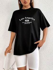 Camiseta negra holgada de moda rápida europea y americana con estampado de letras, cuello redondo simple y manga corta para mujer.Camiseta Y2k - Blanco - Ver 3