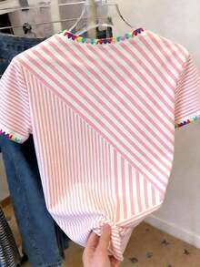 Camiseta de manga corta de verano con cuello redondo, estampado de cereza y rayas, de estilo casual para mujer - Multicolor 3 - Ver 2