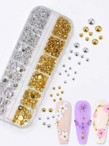 12 Grids Golden And Silvery Mixed Colored Half Round Flat Back Resin Rhinestones – DIY Nail Art Charms For Phone Case, Jewelry Making, Craft Supplies - Multicolor - View 2