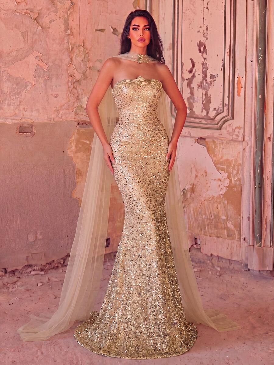 Faeriesty Đầm dạ hội đuôi cá đính sequin và hạt cườm sang trọng, dài đến sàn - Lựa chọn lý tưởng cho đám cưới, dạ hội trang trọng, lễ trao giải và các bữa tiệc cao cấp, cũng là lựa chọn hoàn hảo cho trang phục đón năm mới.