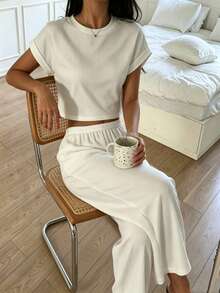 Conjunto de mujer de punto gris para el hogar, top y pantalones casuales simples y de moda para el día a día - Blanco - Ver 3