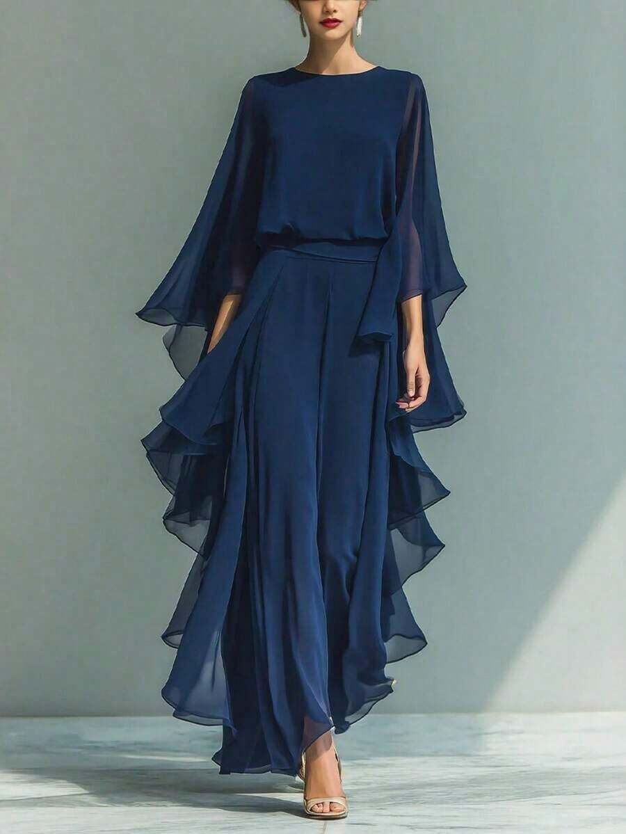 Women's Navy Blue Chiffon Jumpsuit, Formal Jumpsuit With Ruffles And Wide Leg, Elegant Party Outfit 2026 - 深藍色 - 查看 1