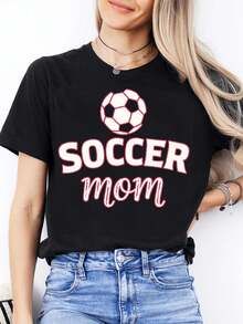 Women's Plus Size 2026 Graphic Print Crew Neck T-Shirt, Fashionable Short Sleeve Casual T-Shirt For Mother's Day, Ideal For Daily And Sports Wear, Football Print, Suitable For Mothers, Gift T-Shirts, Daily Gifts For Easter And Valentine's Day. - 黑色 - 查看 1