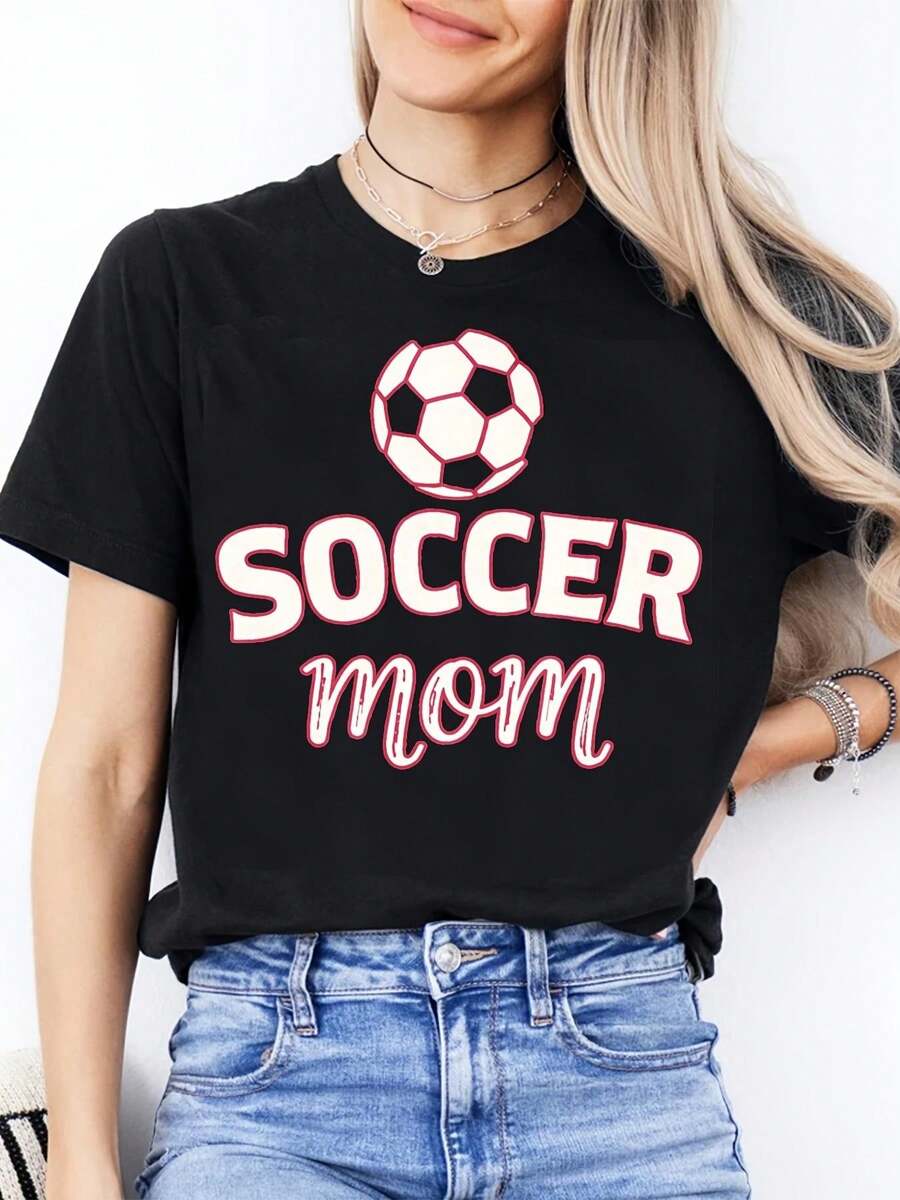 Women's Plus Size 2026 Graphic Print Crew Neck T-Shirt, Fashionable Short Sleeve Casual T-Shirt For Mother's Day, Ideal For Daily And Sports Wear, Football Print, Suitable For Mothers, Gift T-Shirts, Daily Gifts For Easter And Valentine's Day. - 黑色 - 查看 1