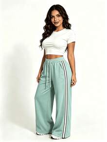 Pantalones largos con cordón y rayas laterales para mujer - Celeste - Ver 2