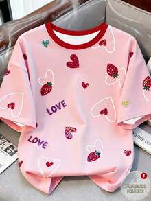Camiseta estampada de mujer con cuello redondo y lazo con estampado de fresa - Multicolor 3 - Ver 7