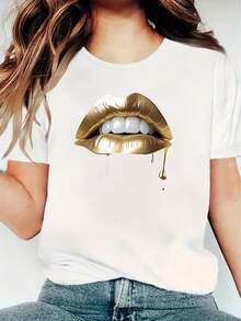 Camiseta de Manga Corta para Mujer con Estampado de Labios Dorados, Cómoda y Casual, Top Estampado para Mujer - Blanco - Ver 2