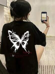 Camiseta de manga corta y corte holgado para mujer con bonito estampado de dibujos animados #3333 - Negro - Ver 1