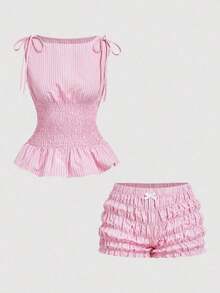 Conjunto de 2 piezas de top sin mangas y shorts con estampado de lunares en contraste para mujer - Rosa - Ver 3