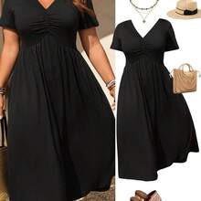 Rometta Elegant Casual V-Neck Pleated Design Short Sleeve Knit Plus Size Women Dress, New Arrival - Azul Marino - Ver 9