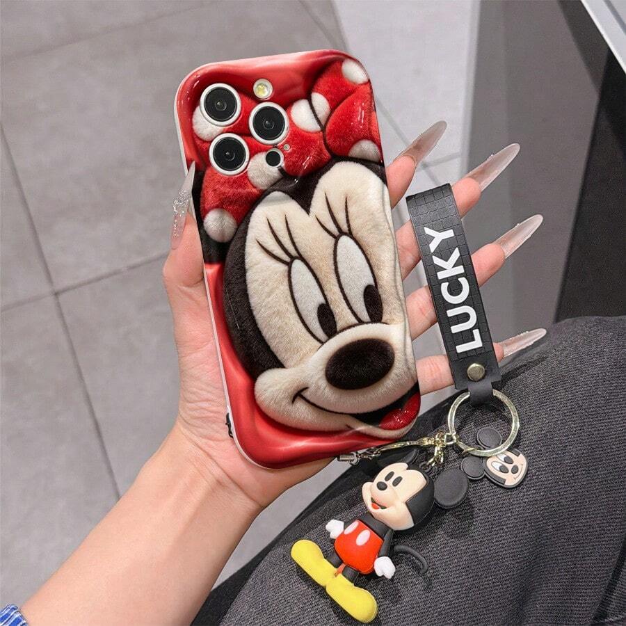 Disney Mickey Mouse Clubhouse Phone Case : 3D Fluffy Pattern Border Protector Phone Soft Phone Case With A Free Cute Mickey Bracelet Chain Lanyard, Mickey, Minnie, Goofy, Donald Duck, Daisy Duck, Pluto, For Apple 17 Promax 17 Pro 16 15 14 13 12 11 Pro Max XS Max X XR Soft Cover Summer Phone Case - 白色 - 查看 1