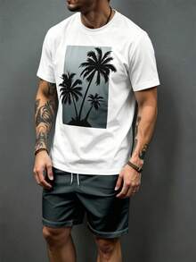 Men's Palm Tree Print Short Sleeve Shorts Set - Multicolor - View 3
