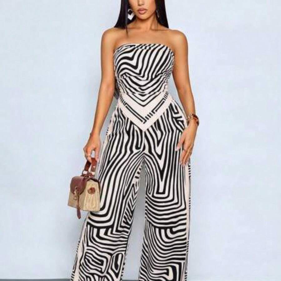 2 Piece Set Women's Spring/Summer Daily Outfits Casual Elegant Abstract Striped Casual Crop Top & Printed Elegant Romantic Vacation Bottoms For Women For Daily Wear Elegant Color Full-Print Bodycon Sexy Chic Party Graceful Vacation - Negro - Ver 1