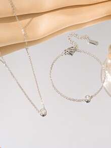 2pcs Korean Style Minimalist Single Diamond Necklace And Bracelet Set, Fashionable Versatile Elegant Jewelry - Solitaire Jewelry Set - View 7