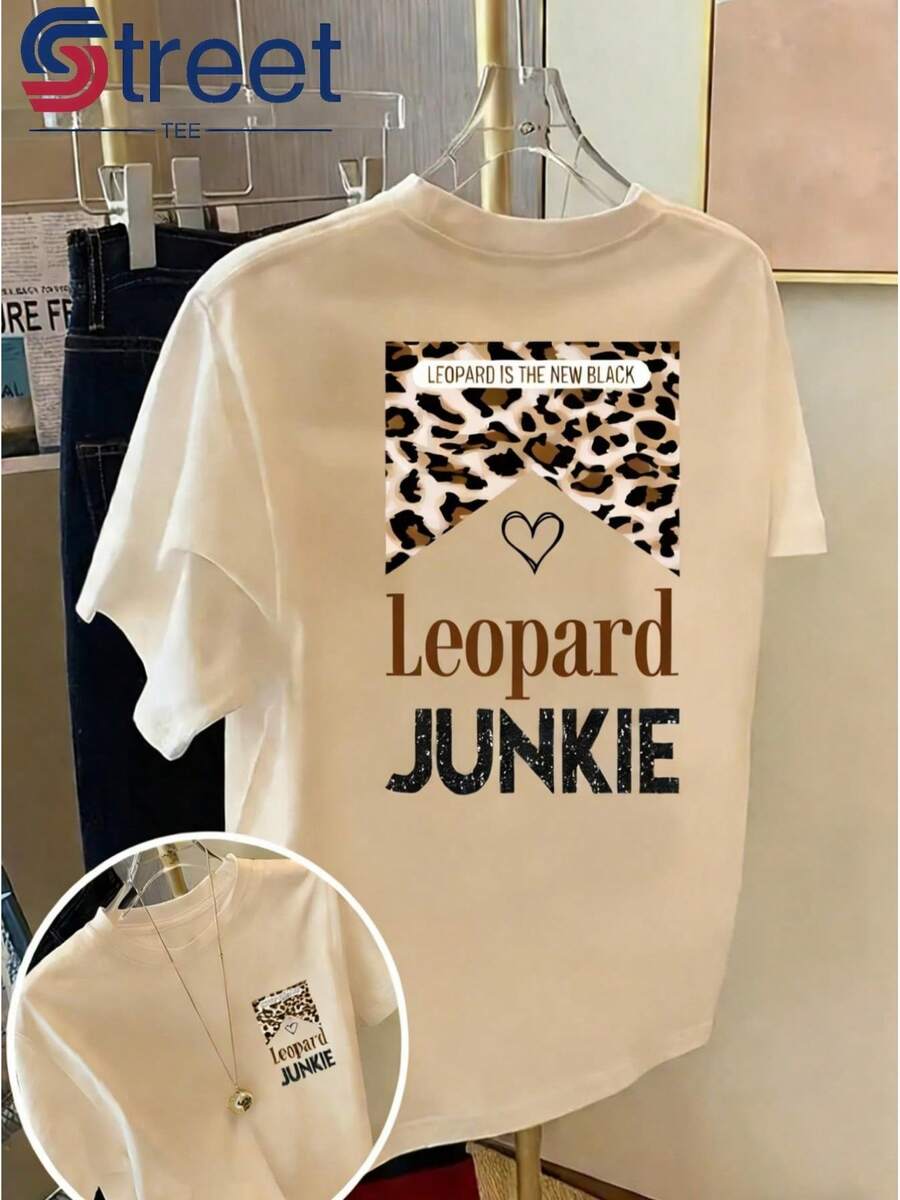 Women's Vintage Double-Sided Print T-Shirt, Casual Summer Style With Round Neck And Short Sleeves, Fashionable Printed T-Shirt, With Leopard Print "Leopard" With Hearts And Letters, Loose And Slimming Cut, Sweet And Fresh Outfit For Fashionable Girls. - 杏色 - 查看 1