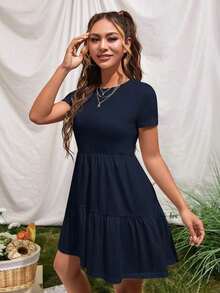 Vestido de punto de manga corta casual con cuello redondo y dobladillo con volantes de unicolor - Azul marino - Ver 3