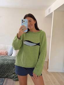 Pullover Rajut Jacquard Motif Ikan Estetik Lucu untuk Wanita, Sweater Kasual Longgar Lengan Panjang Raglan Leher Gulung untuk Musim Gugur - Lime Green - View 4