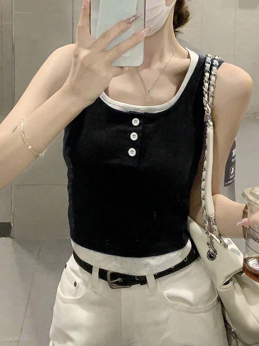 夏季韓式修身方領撞色鈕扣 2 合 1 設計百搭細肩帶上衣休閒黑色 - 黑色 - 查看 1