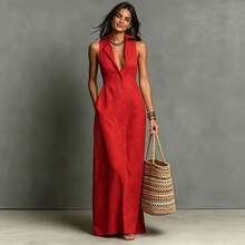 2026 Summer Women's Linen Solid Color Lapel Sleeveless Casual Long Dress - Đỏ - Xem 3