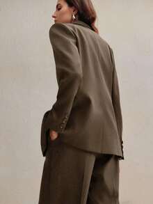 Conjunto de traje de mujer, blazer de unicolor estilo vintage + pantalones rectos, 2 piezas - Marrón - Ver 2
