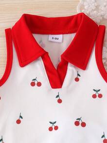 Conjunto de 2 piezas de top casual con bloque de color y falda corta de mezclilla con bordado de cereza para niñas bebé, ligero para verano - Blanco - Ver 4