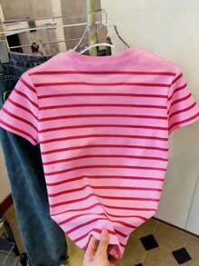 Camiseta de mujer de manga corta con cuello redondo y estampado de rayas, adecuada para vacaciones de verano y uso diario - Multicolor 13 - Ver 2