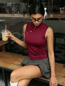 de estilo chino retro con cuello de cheongsam para mujer, top negro casual, top de pullover adecuado para vacaciones, fiestas, elegante para mujer, uso diario casual.Top negro sin mangas de cuello alto, top negro de verano - Burdeos - Ver 5