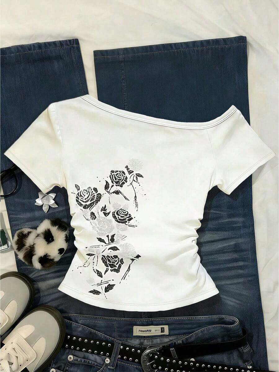 Camiseta casual versátil de mujer con hombro asimétrico y mangas cortas a rayas - Multicolor 9 - Ver 1