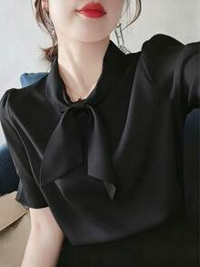 2026 New Summer Women's Blouse, Fashion Elegant Versatile Loose Flattering Short Sleeve Top Black - Black - View 5