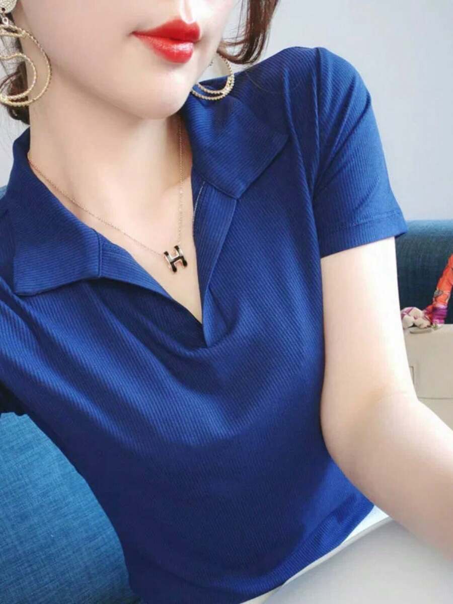 女士夏季翻领短袖Polo衫,休闲百搭上衣 - 藍色 - 查看 1