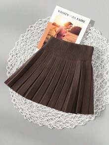 Falda corta plisada de punto de unicolor casual para mujer, adecuada para vacaciones, citas nocturnas, otoño/invierno y primavera - Marrón Mocha - Ver 12