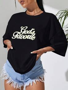 Camiseta Casual Negra para Mujer con Estampado de Letras Doradas "God's Favorite" - Corte Relajado, Cuello Redondo, Manga Corta, Tela de Elasticidad Media, Lavable a Máquina, Top de Primavera/Verano, Moda de Verano, Silueta en H, Material No Transparente, Camiseta Y2k - Blanco - Ver 5