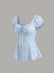 Blusa de gasa con bordado floral elegante, top de verano dulce y encantador para mujeres - Azul - Ver 3