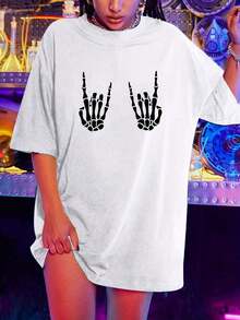 Camiseta de cuello redondo con estampado de calavera vibrante - Ajuste relajado, mangas cortas, tejido transpirable, top casual de moda para el verano - Ropa holgada para mujer para uso diario100% Cotton - Blanco - Ver 6