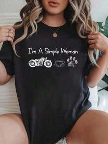 1 pieza, 100% algodón, camiseta con estampado gráfico de "I'm a Simple Woman Motorcycle Coffee Dog", camiseta de cuello redondo, informal, de manga corta, top deportivo, ropa de mujer estilo casual/urbano, 180g, 100% algodón suave. - Blanco - Ver 6