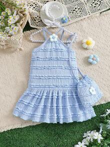 Baby Girls' Layered Ruched Lace Dress With Puff Effect, Paired With Small Bag, Cute And Suitable For Daily Wear And Gatherings, Spring/Summer Gift For Babies - Dusty Blue - View 1