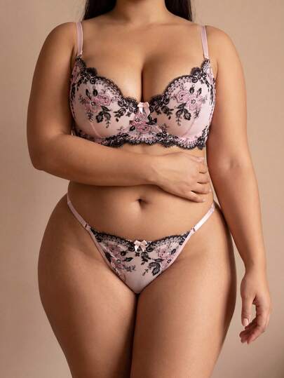 2pcs Plus Size Sexy Pink Women's Lingerie Set, Vintage Romantic Floral Embroidered Lace Bra And Panty Set, Full Coverage Adjustable Bra And Low-Waist Thong, Comfortable And Cooling For Summer, Suitable For Valentine's Day Party