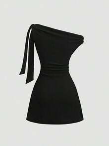 Vestido sin mangas con cuello asimétrico ajustado y drapeado de unicolor - Negro - Ver 2