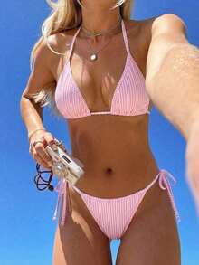 Conjunto de bikini de 2 piezas con estampado floral diminuto y escote halter para vacaciones y playa - Rosa - Ver 2