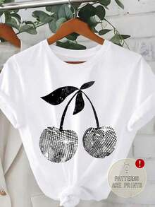 Casual Short-Sleeve Crew Neck Top With Cherry Print, Plus Size, Everyday Wear, For Summer - Vintage Street Style Unisex Cotton Short Sleeve Crew Neck T-Shirt - 白色 3 - 查看 6