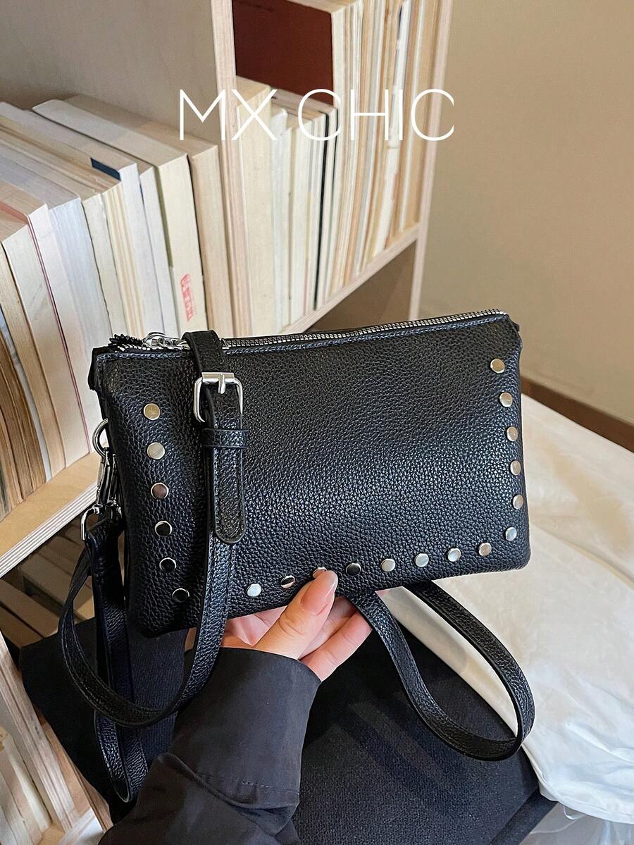 1 pieza Bolso de mano de mujer de unicolor de PU, bolso de hombro diagonal de sobre de moda con decoración de remaches, bolso cuadrado de múltiples bolsillos, adecuado para ir al trabajo, ir de compras, regalo y uso nocturno - Negro - Ver 1