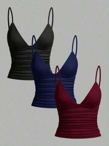 3 piezas Camiseta ajustada con pliegues y sujetador incorporado para mujer, adecuada para el verano - Multicolor 2 - Ver 12