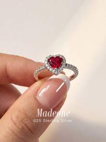 MADEONE 1 pieza Anillo con forma de corazón de circonita de colores vintage, anillo de compromiso elegante de plata de ley 925, regalo de joyería exquisito para mujeres, adecuado para uso diario y citas - Plateado - Ver 2