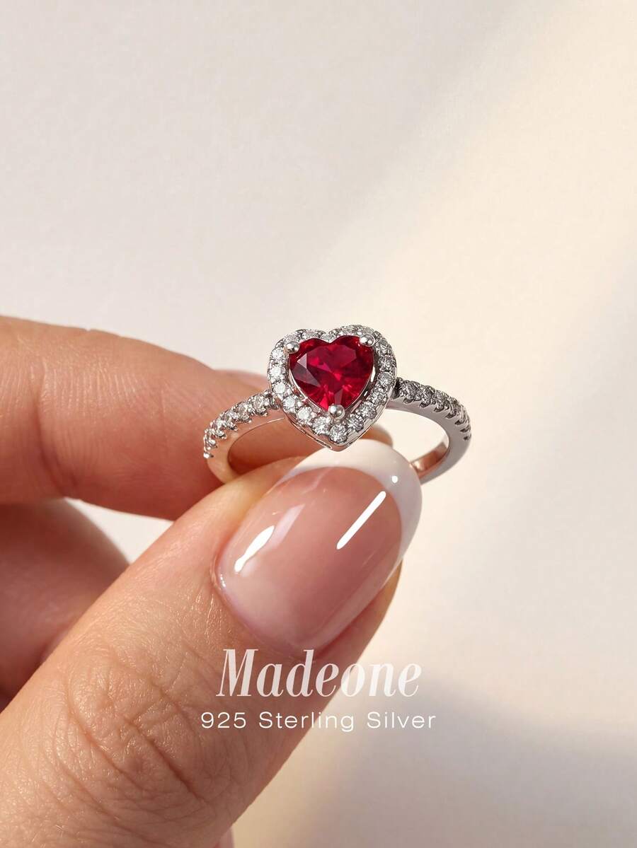 MADEONE 1 pieza Anillo con forma de corazón de circonita de colores vintage, anillo de compromiso elegante de plata de ley 925, regalo de joyería exquisito para mujeres, adecuado para uso diario y citas