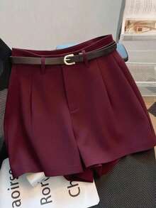 Women's Summer Solid Color Shorts, Mid-High Waist, Versatile And Fashionable For Everyday Wear, With Belt - 波爾多 - 查看 5