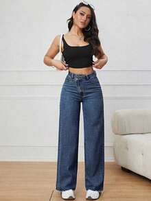 Pantalones Largos De Mezclilla De Cintura Alta Cruzada Para Mujer - Azul lavado oscuro 2 - Ver 5