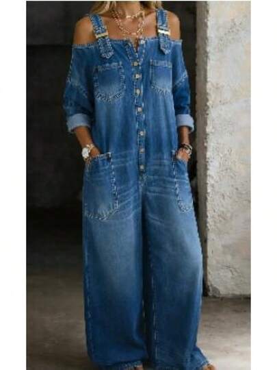 2026 New Women's European And American Fashion Sexy Off Shoulder Denim Jumpsuit With Pockets Wide Leg Overalls Casual Summer Beach Party Outfits