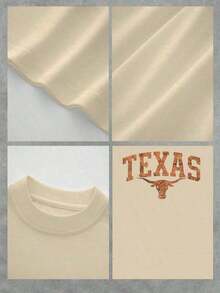 1 Texas Longhorn Graphic Print T-Shirt, Casual, Double Print, 100% Cotton, Festival Wear - Urban Vintage Style, Unisex, Loose Fit, Short Sleeve, Crew Neck, Blouses For Women. Blouses.Casual Blouses For Ladies. - 杏色 - 查看 4
